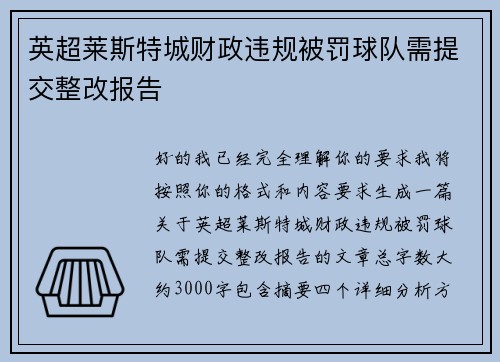 英超莱斯特城财政违规被罚球队需提交整改报告